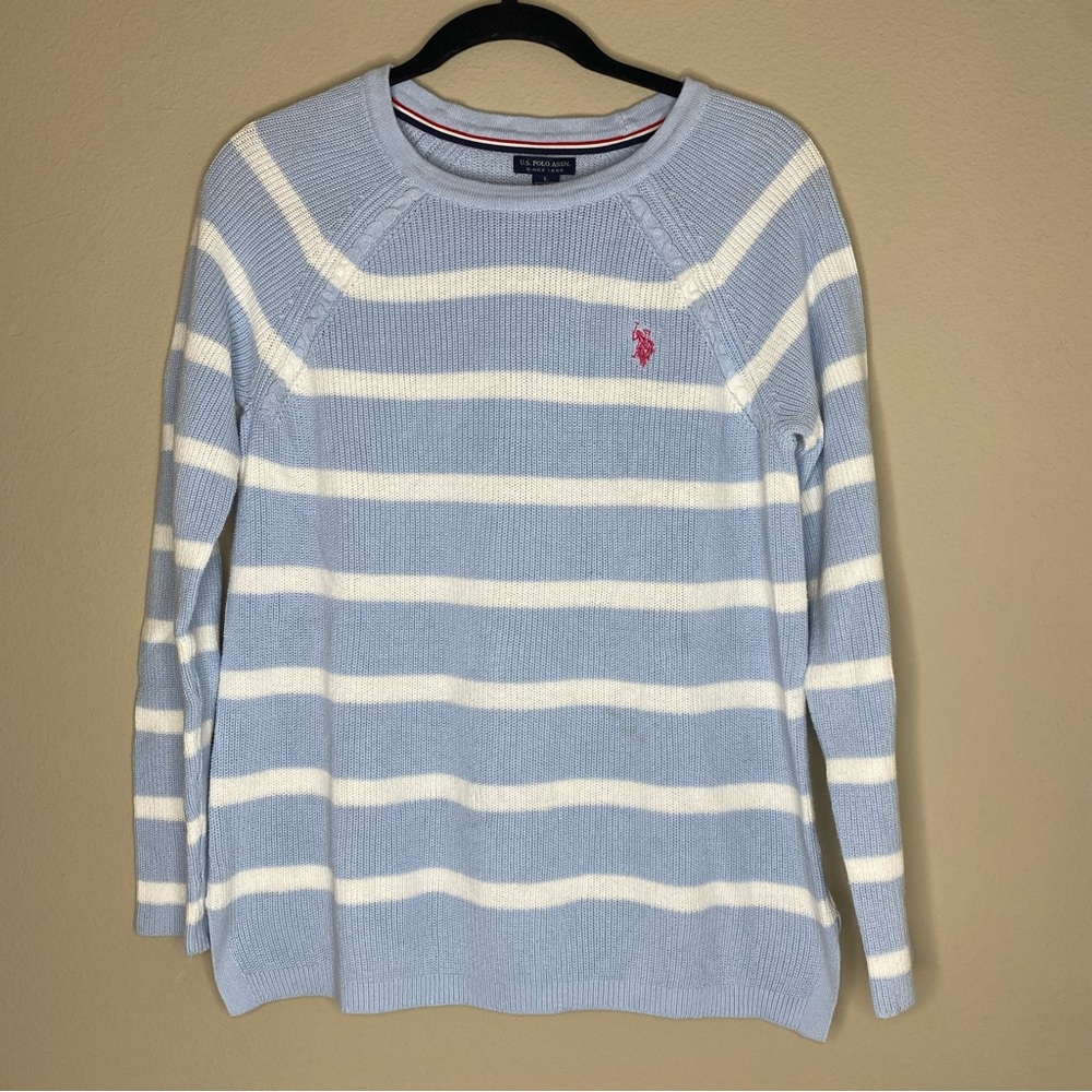 US Polo Assn Blue White Stripe Crewneck Sweater Pink Polo Logo Long Sleeve